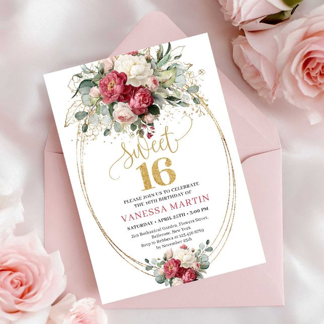 Invitación Classic Red Blush Floral Sweet 16 Birthday Invite (Classic Red Blush Floral Sweet 16 Birthday Invitation)