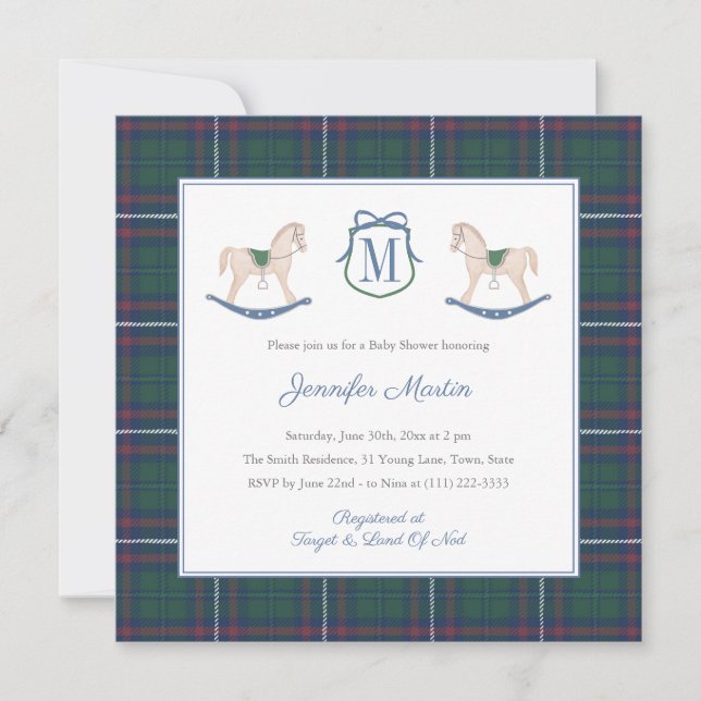 Invitación Classic Rocking Horse Tartan Winter Baby Shower (Anverso)