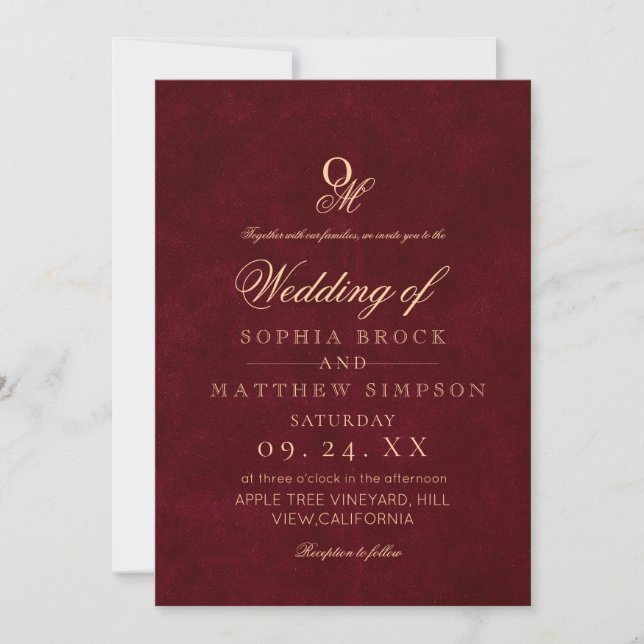 Invitación Classic Romantic Minimal Burgundy Monogram Wedding (Anverso)
