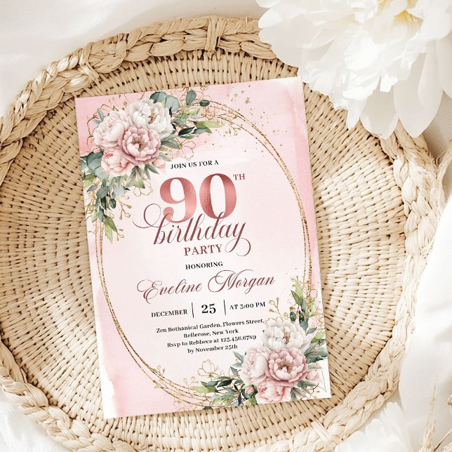 Invitación Classic Rose Gold Floral Greenery 90th Birthday  (Classic Rose Gold Floral Greenery 90th Birthday Invite)