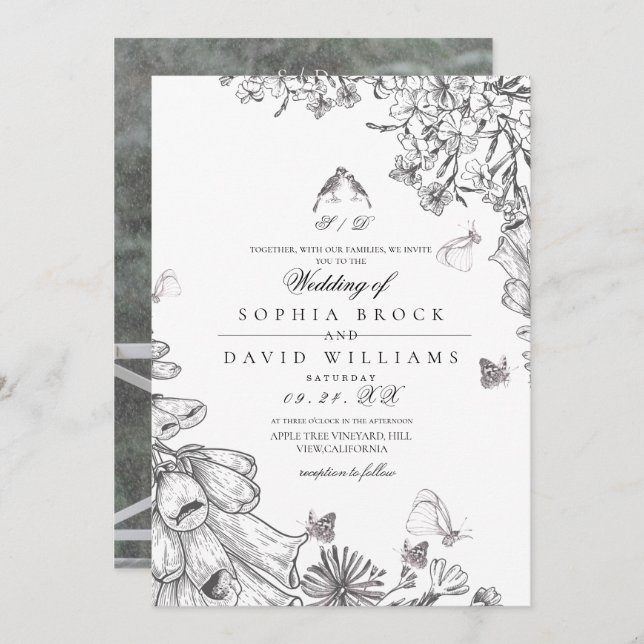 Invitación Classic Rustic Black White Floral Wedding  (Anverso / Reverso)