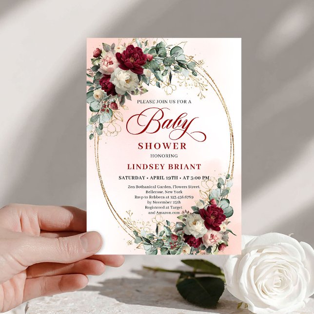 Invitación Classic Rustic Burgundy Peonies Gold Baby Shower (Classic Rustic Burgundy Peonies Gold Baby Shower)