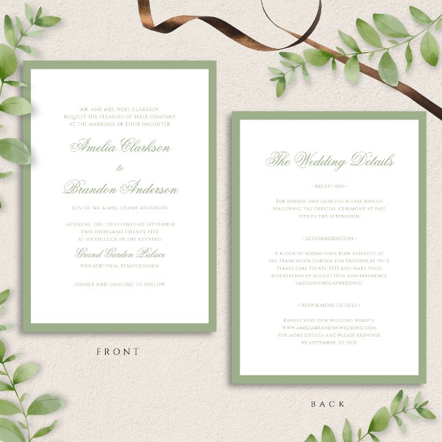 Invitación Classic Sage Green Border Script Wedding Details & (Subido por el creador)