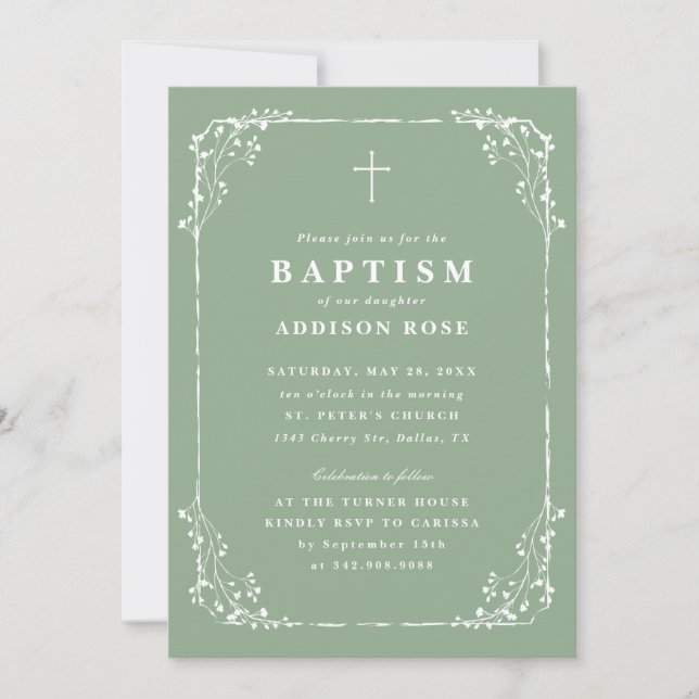 Invitación Classic Sage Green Dainty Floral Frame Baptism (Anverso)