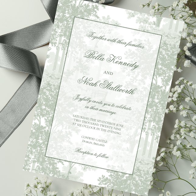 Invitación Classic Sage Green Landscape Toile Wedding (Subido por el creador)