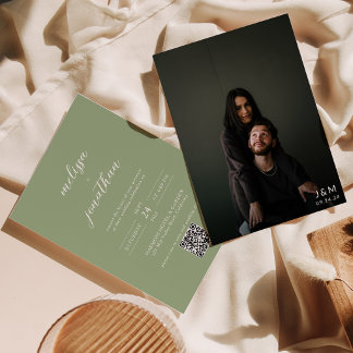 Invitación Classic Sage Green Photo Monogram QR Code Wedding