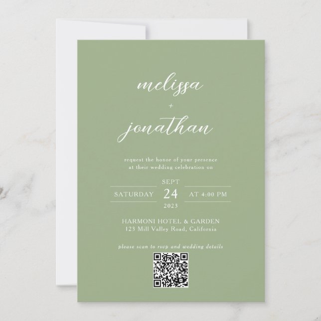 Invitación Classic Sage Green Photo Monogram QR Code Wedding (Anverso)
