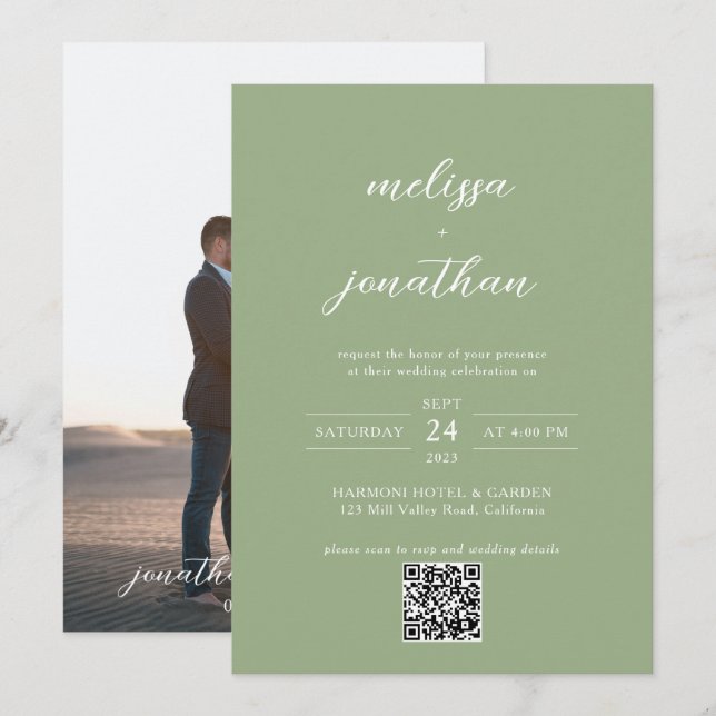 Invitación Classic Sage Green Photo Script QR Code Wedding (Anverso / Reverso)