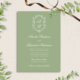 Invitación Classic Sage Green & White Monogram Crest Wedding