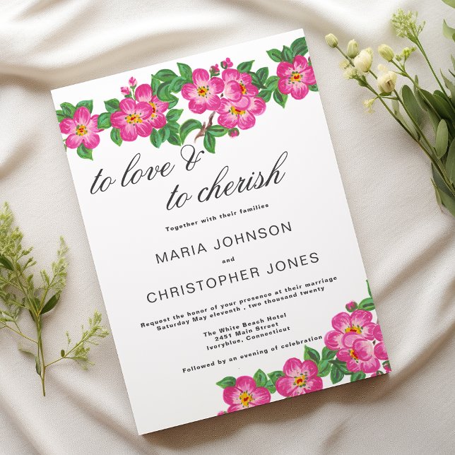 Invitación Classic script bright pink green floral wedding (Classic script bright pink green floral wedding)