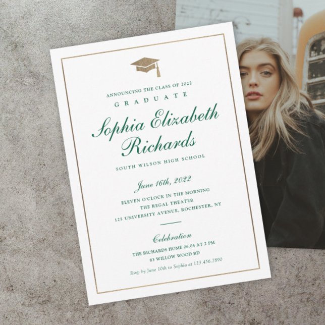 Invitación Classic Script Gold Photo Graduation Invitation (Classic green and gold script formal photo graduation invitations.)