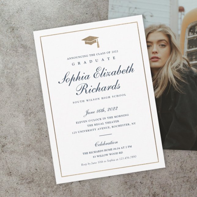 Invitación Classic Script Gold Photo Graduation Invitation (Classic navy blue and gold script formal photo graduation invitations.)