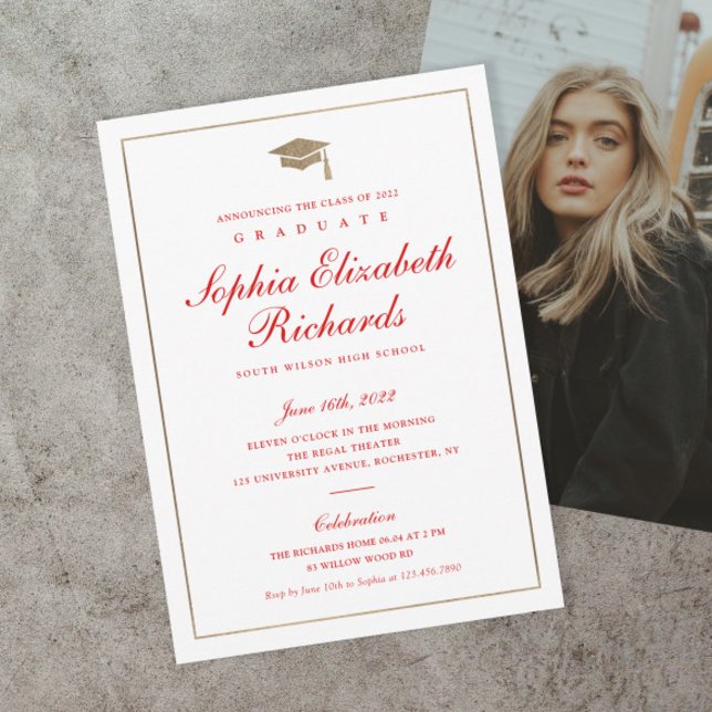 Invitación Classic Script Gold Photo Graduation Invitation (Classic red and gold script formal photo graduation invitations.)