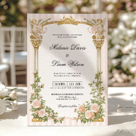 Invitación Classic Stripe & Blush Pink Floral Cherub Wedding