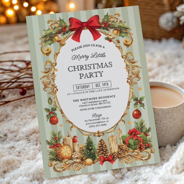 Invitación Classic Stripe Red Bow Christmas Party (Subido por el creador)