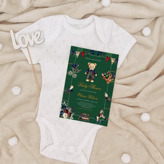 Invitación Classic Stripe Rustic Plaid Teddy Bear Baby Shower (Neutral Plaid Teddy Bear Baby Shower Invitation Classic Bearly Wait Stripes Rustic Design)