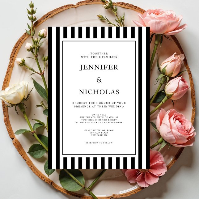 Invitación Classic Stripes Black And White Wedding (Classic Stripes Black And White Wedding Invitation)