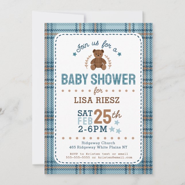 Invitación Classic Tartain Plaid Teddy Bear Baby Shower (Anverso)