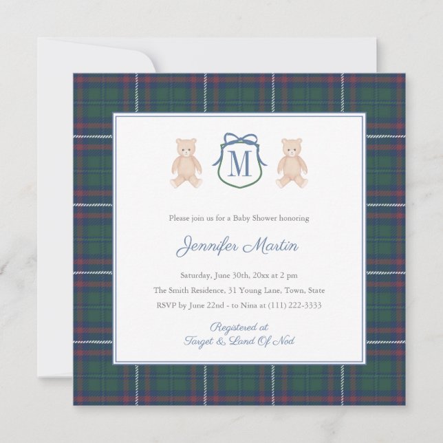 Invitación Classic Tartan Teddy Bear Winter Baby Boy Shower (Anverso)