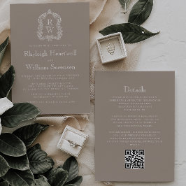 Invitación Classic Taupe Monogram Crest QR Code Wedding