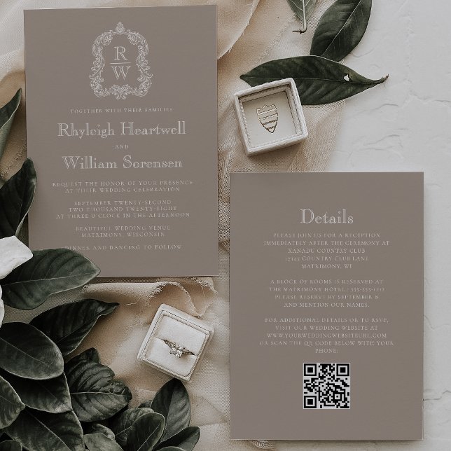 Invitación Classic Taupe Monogram Crest QR Code Wedding (Subido por el creador)