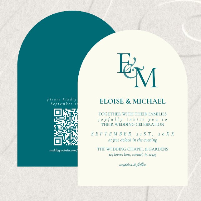 Invitación Classic Teal Blue Monogram Minimalist Wedding (Classic Teal Blue Monogram Minimalist Wedding Invitation)