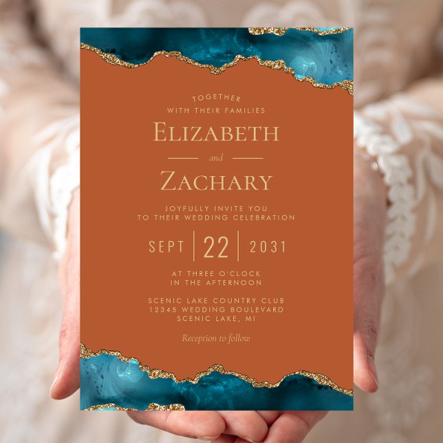 Invitación Classic Teal Gold Agate Burnt Orange Wedding (Subido por el creador)