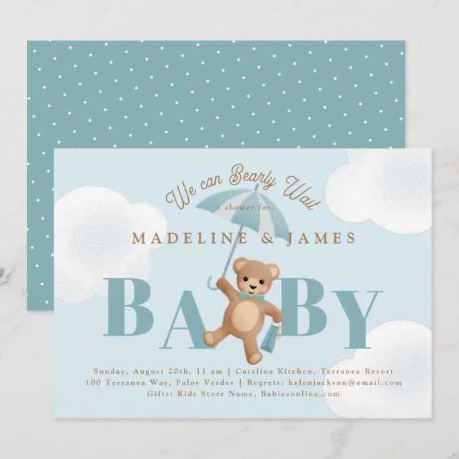 Invitación Classic Teddy Bear Blue Bearly Wait Baby Shower (Anverso / Reverso)