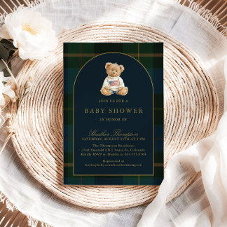 Invitación Classic Teddy Bear Green & Blue Plaid Baby Shower