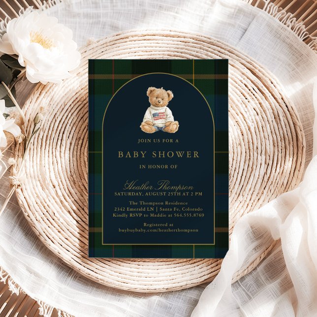 Invitación Classic Teddy Bear Green & Blue Plaid Baby Shower (Subido por el creador)