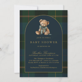 Invitación Classic Teddy Bear Green & Blue Plaid Baby Shower