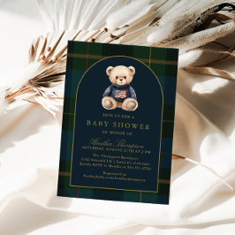 Invitación Classic Teddy Bear Green Plaid Baby Shower