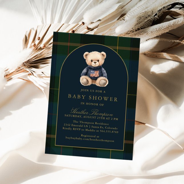 Invitación Classic Teddy Bear Green Plaid Baby Shower (Subido por el creador)