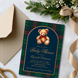 Invitación Classic Teddy Bear Navy Plaid Preppy Baby Shower