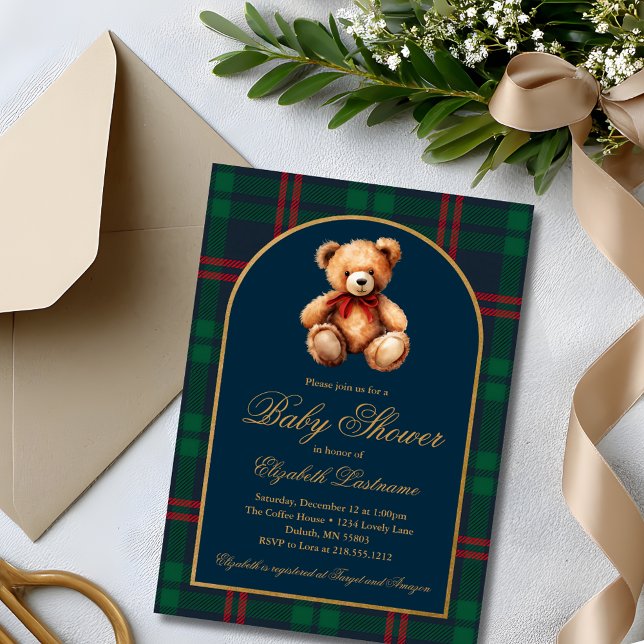 Invitación Classic Teddy Bear Navy Plaid Preppy Baby Shower (Classic Teddy Bear Navy Plaid Preppy Baby Shower Invitation)