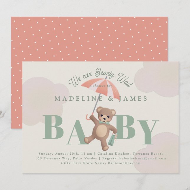Invitación Classic Teddy Bear Sage Bearly Wait Baby Shower (Anverso / Reverso)