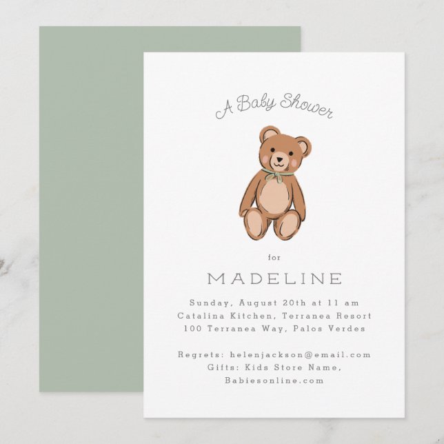 Invitación Classic Teddy Bear Sage Green Baby Shower (Anverso / Reverso)