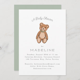Invitación Classic Teddy Bear Sage Green Baby Shower