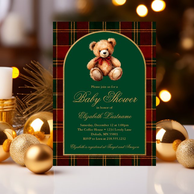 Invitación Classic Teddy Bear Tartan Plaid Preppy Baby Shower (Classic Teddy Bear Tartan Plaid Preppy Baby Shower Invitation #elegantbabyshower #holidaybabyshower)