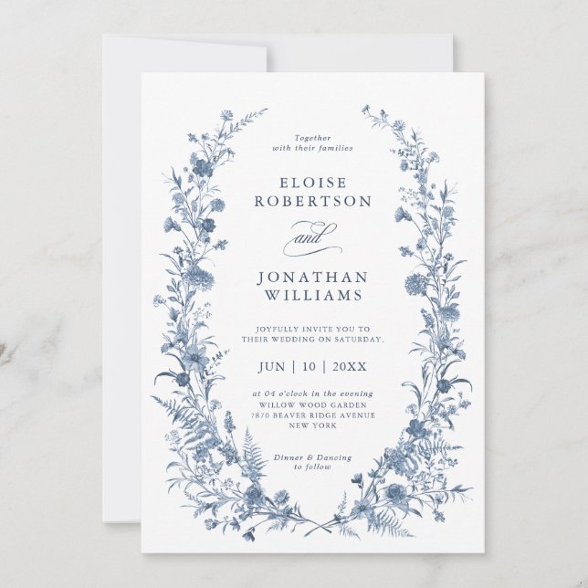 Invitación Classic Victorian Blue French Garden Chic Wedding  (Anverso)