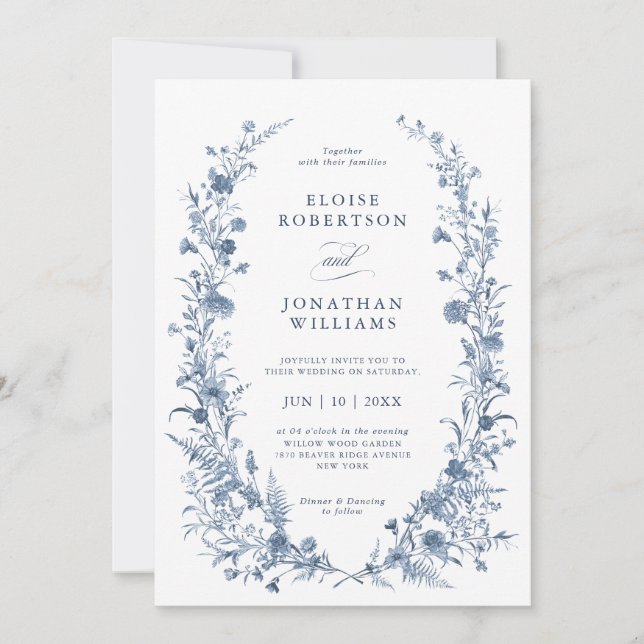 Invitación Classic Victorian Blue French Garden Chic Wedding (Anverso)