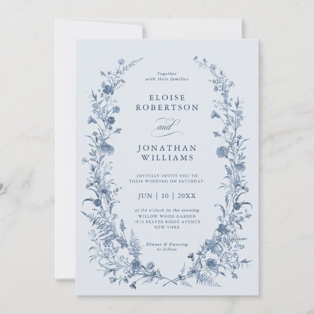 Invitación Classic Victorian Blue French Garden Chic Wedding (Anverso)