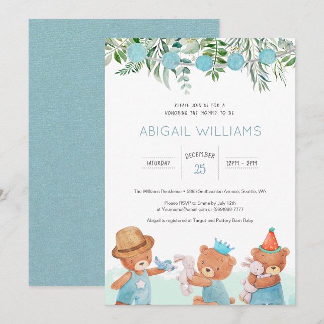 Invitación Classic Watercolor Teddy Bear Baby Shower (Anverso / Reverso)