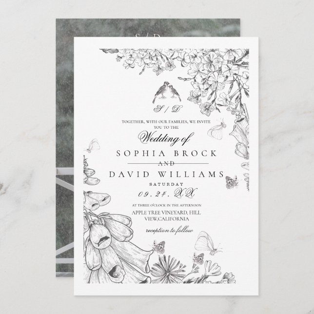 Invitación Classic White Black Botanical Wedding  (Anverso / Reverso)