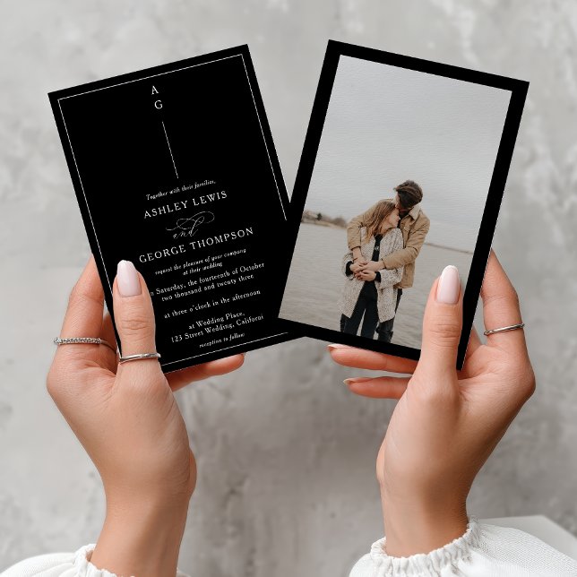 Invitación Classic white black photo calligraphy wedding (Classic white black photo calligraphy wedding invitation)