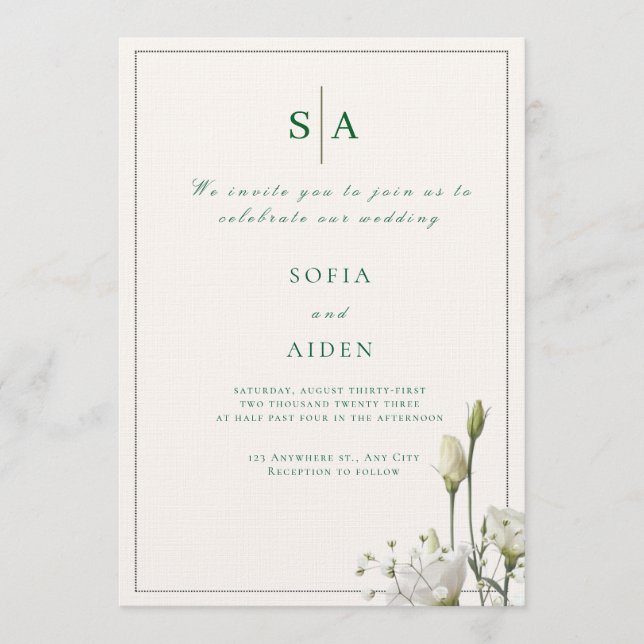 Invitación classic white floral and border wedding invitation (Anverso)