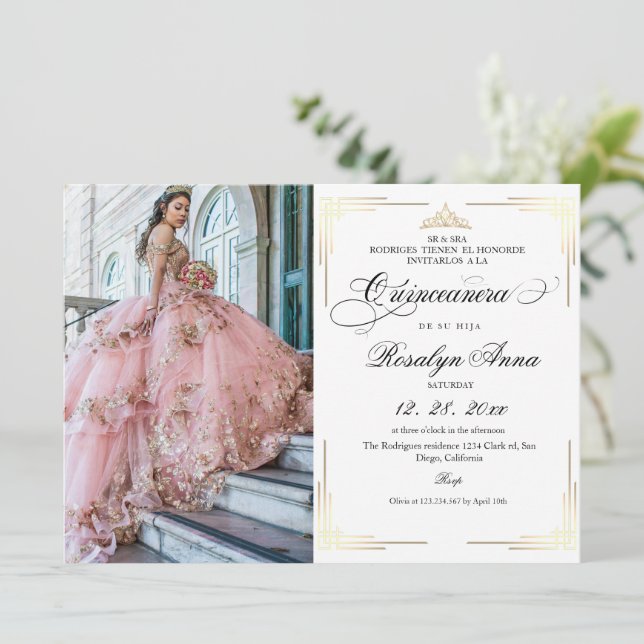 Invitación Classic White Gold Script Photo Quinceañera  (Anverso de pie)