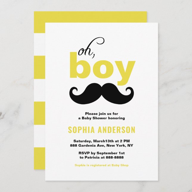 Invitación Classic Yellow It's a Boy Mustache Baby Shower (Anverso / Reverso)