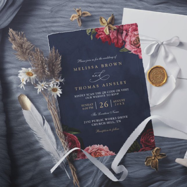 Invitación Classical Peonies Floral Navy Chic QR Code Wedding (Subido por el creador)