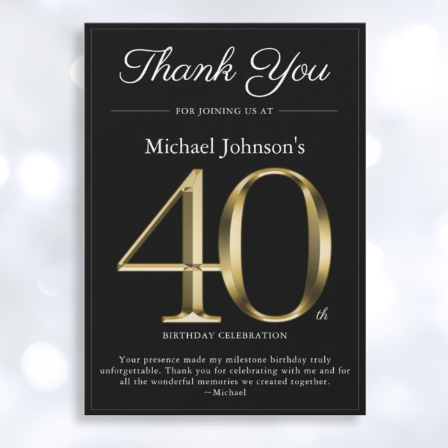 Invitación Classy Black and Gold 40th Birthday Thank You Card (Mockup View)